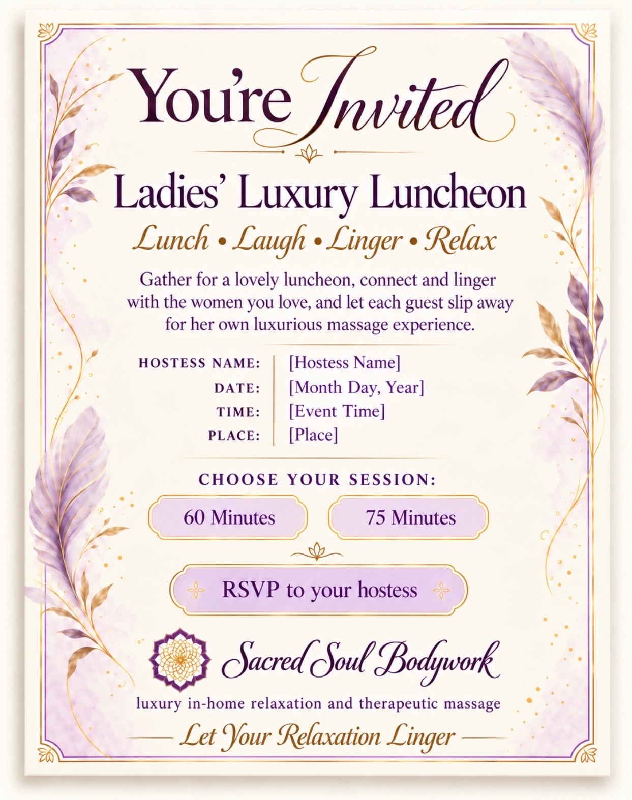 Sacred Soul Bodywork special occasion invitation — elegant purple and gold design